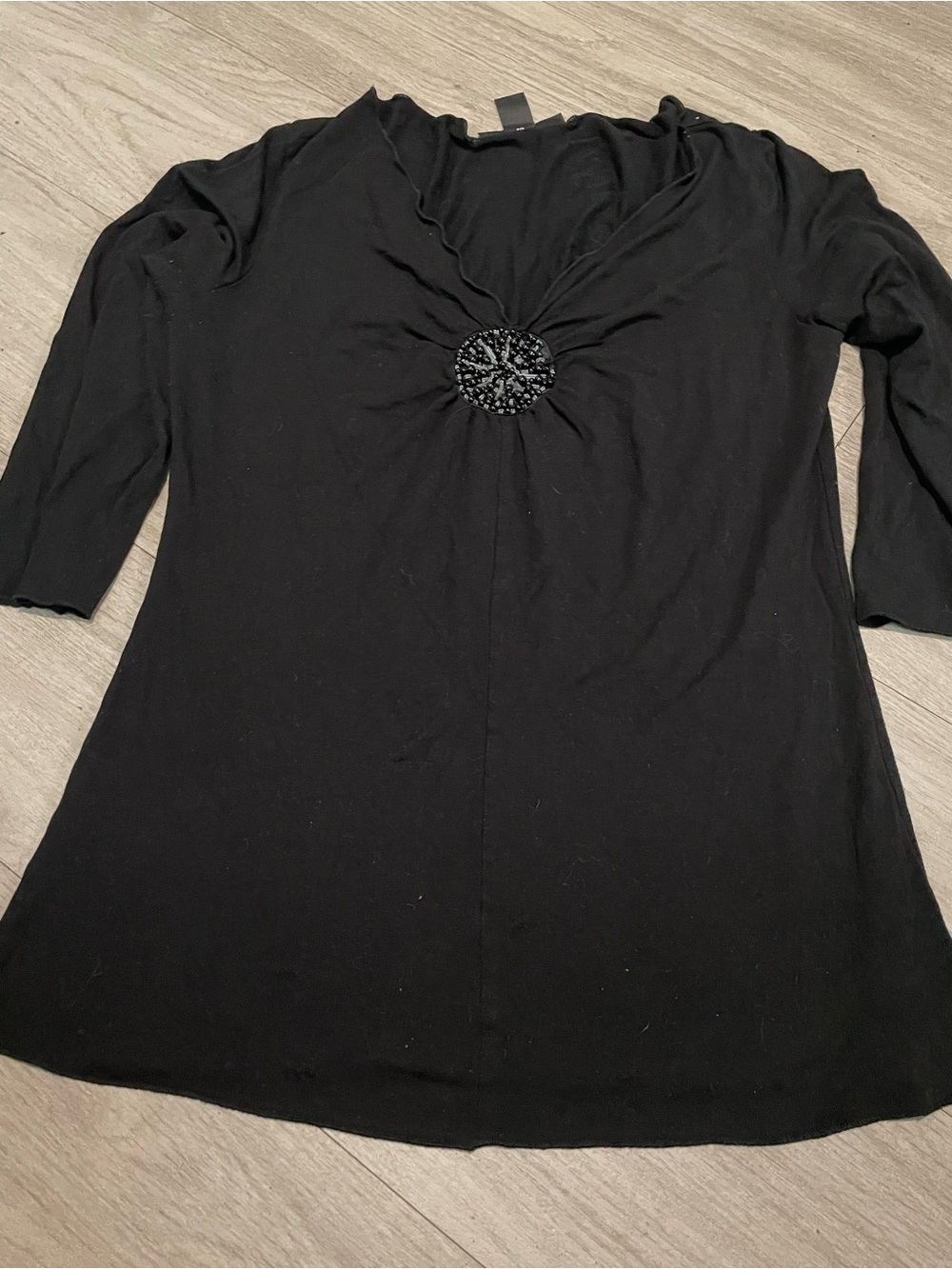 Black Women’s V-Neck Long Sleeve Top with Center Rosette